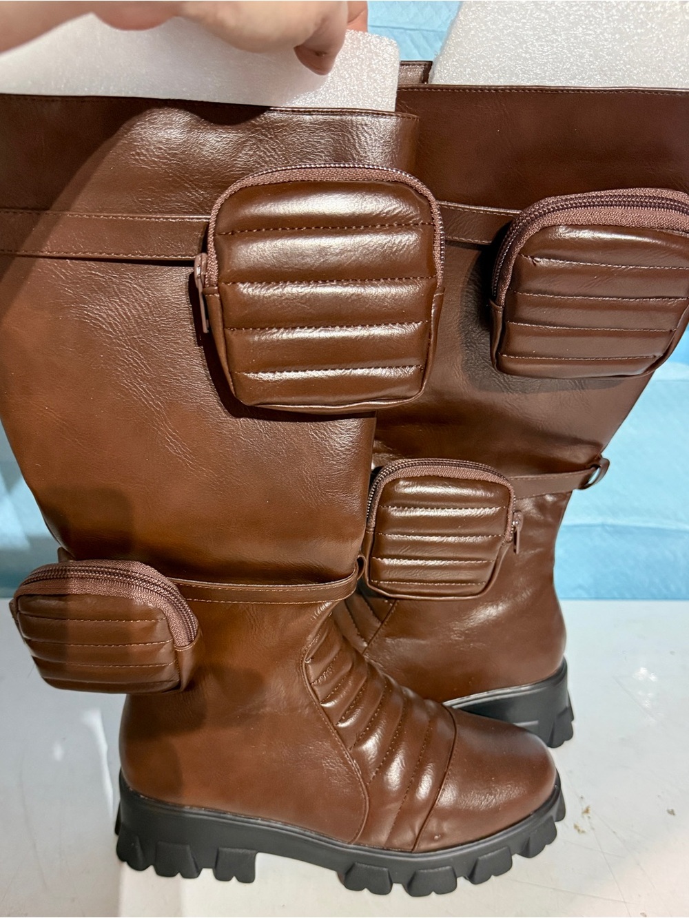 Women’s Brown Quilted Biker Style Boots with Detachable Side Pouches